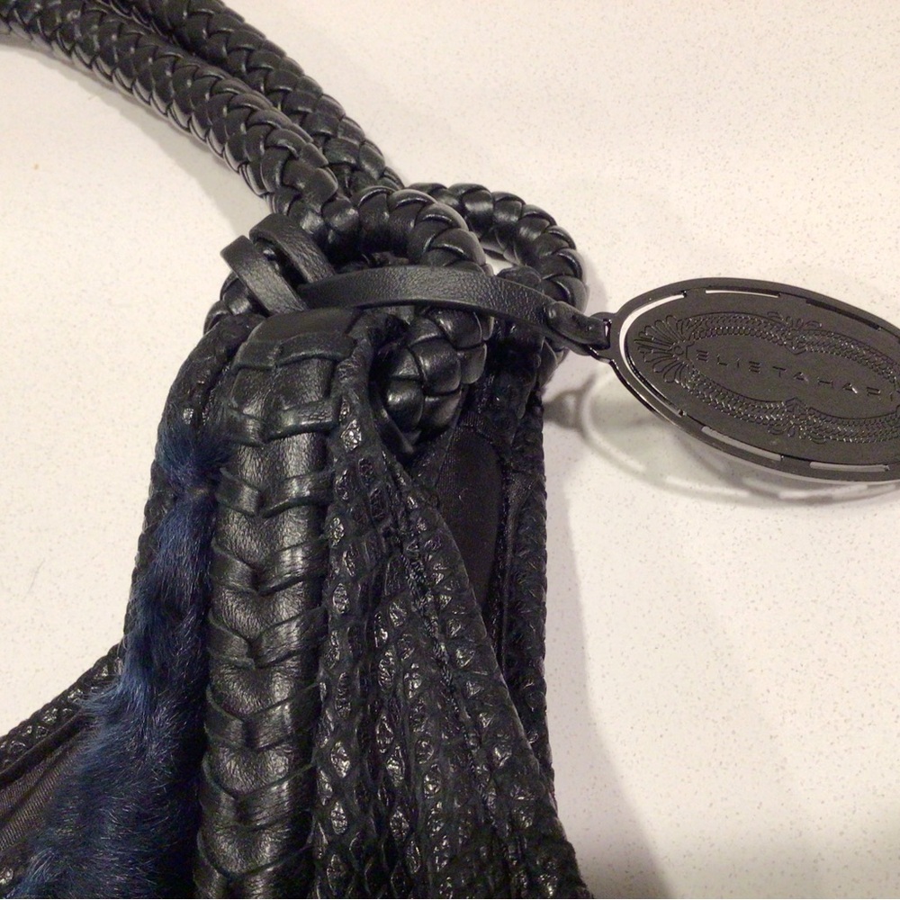 Elite Tahari Large Black Tote Bag With Dark Blue Fur - Picture 9 of 13